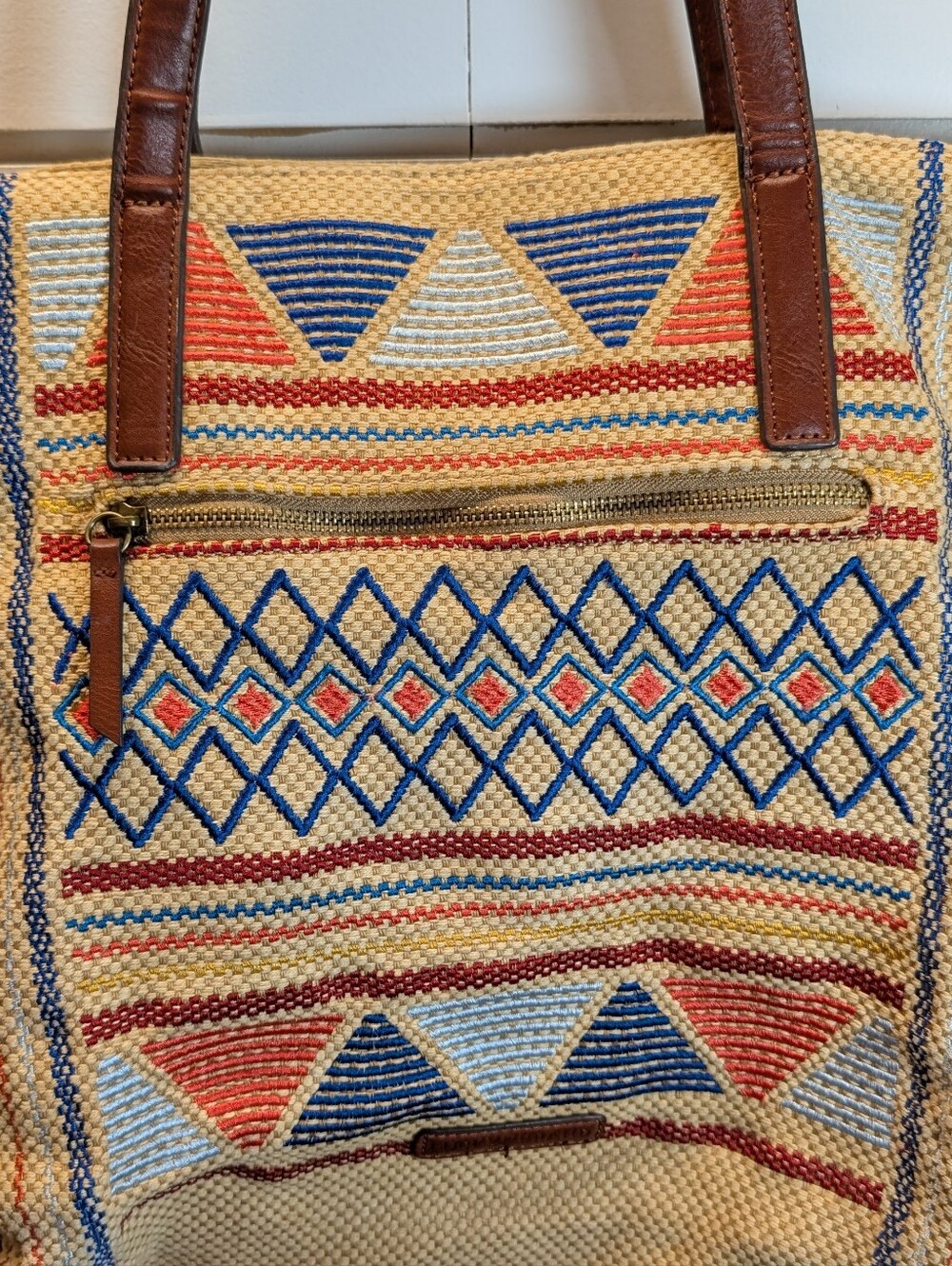 Lucky Brand Graphic Zippered Woven Tote With Interior/Exterior Pockets - Picture 2 of 10